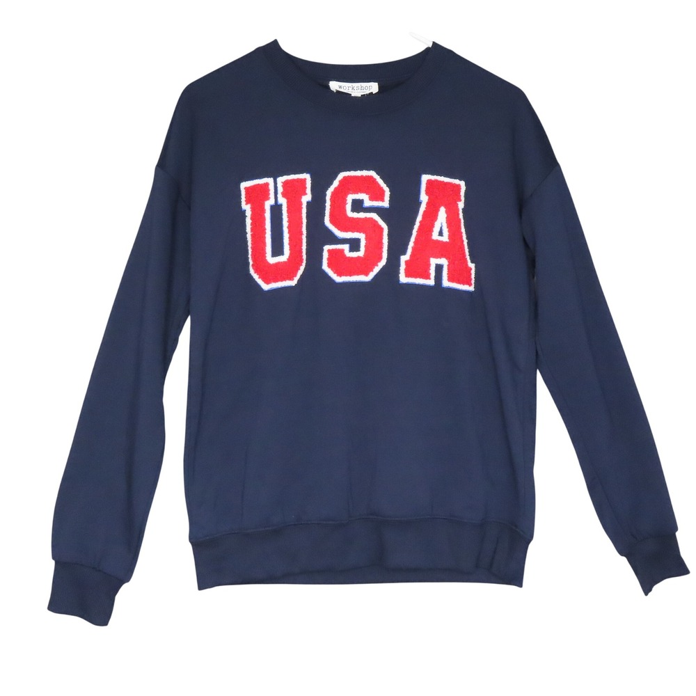 Workshop Republic Clothing USA Chenille Patch Sweatshirt Navy Blue Womens XS NWT